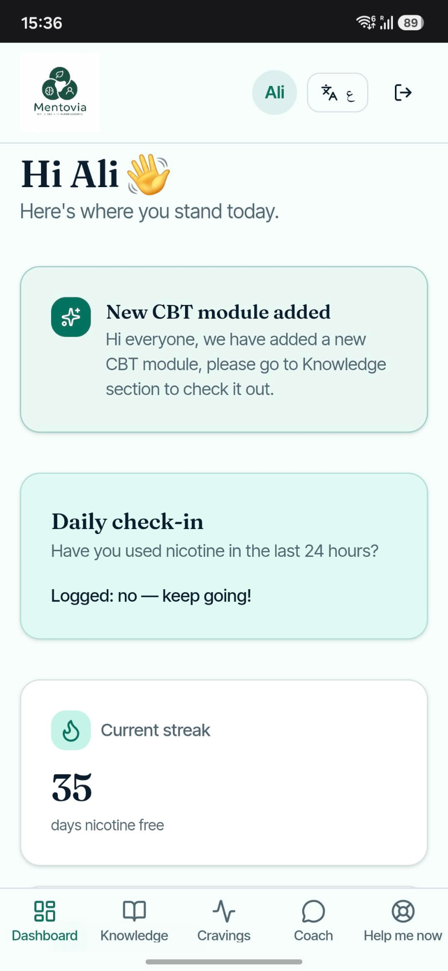The Mentovia app dashboard showing a quit streak and daily tools