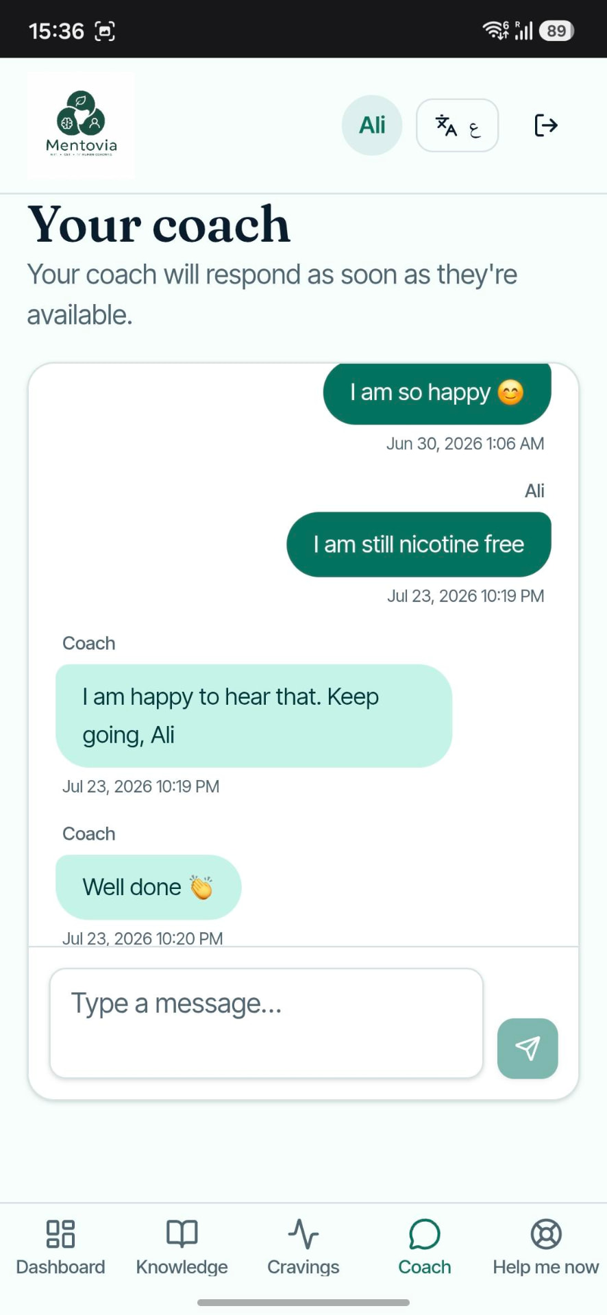 Mentovia in-app coach chat offering support during a craving