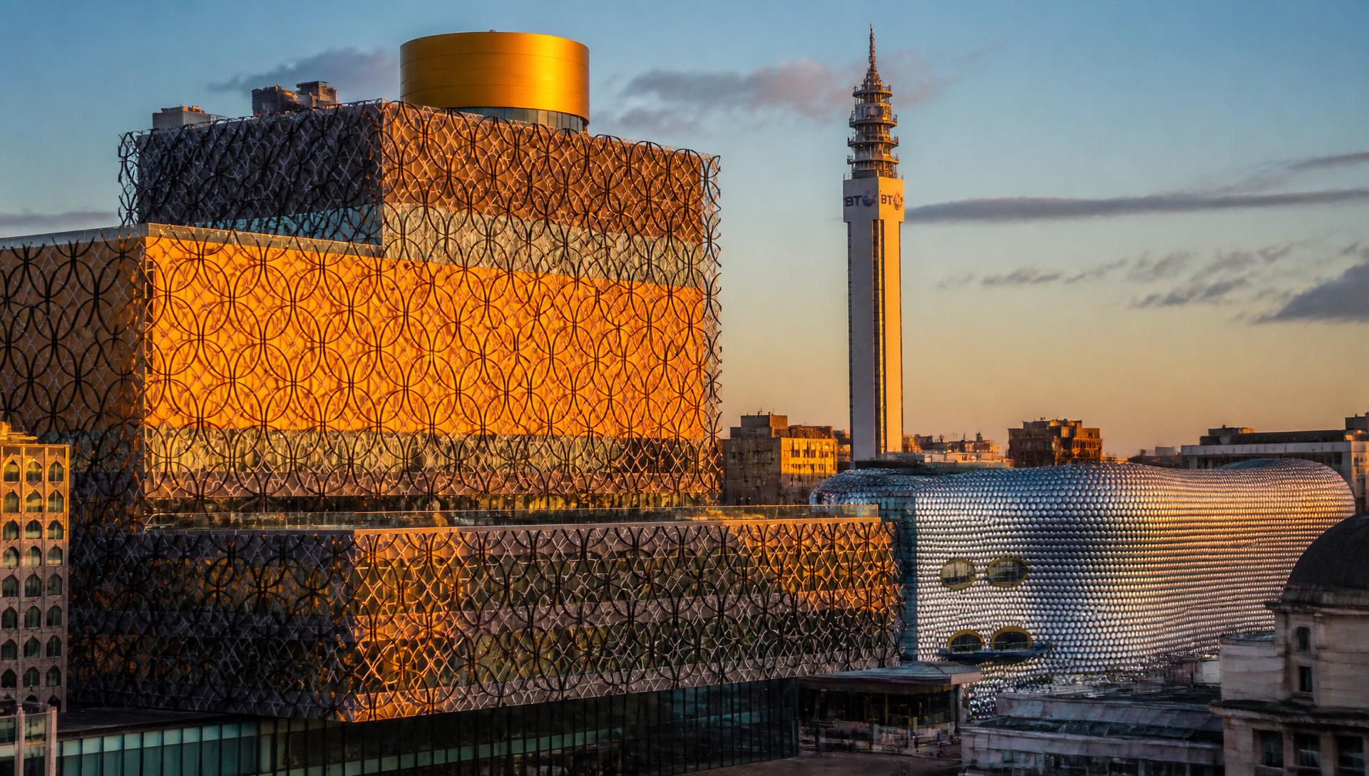 Birmingham city skyline at dusk