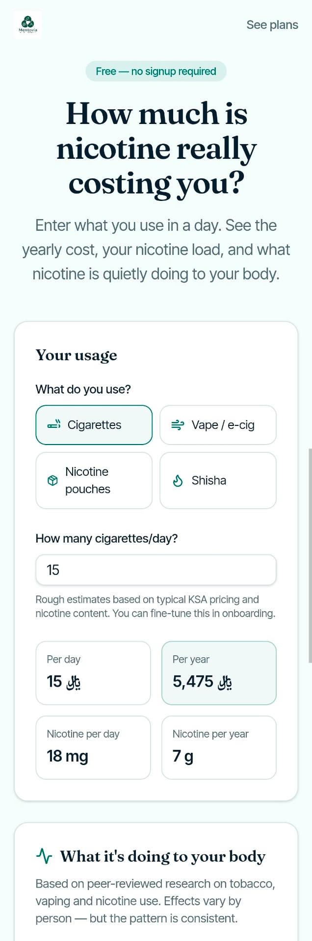 Mentovia app screen showing a personalised nicotine replacement plan