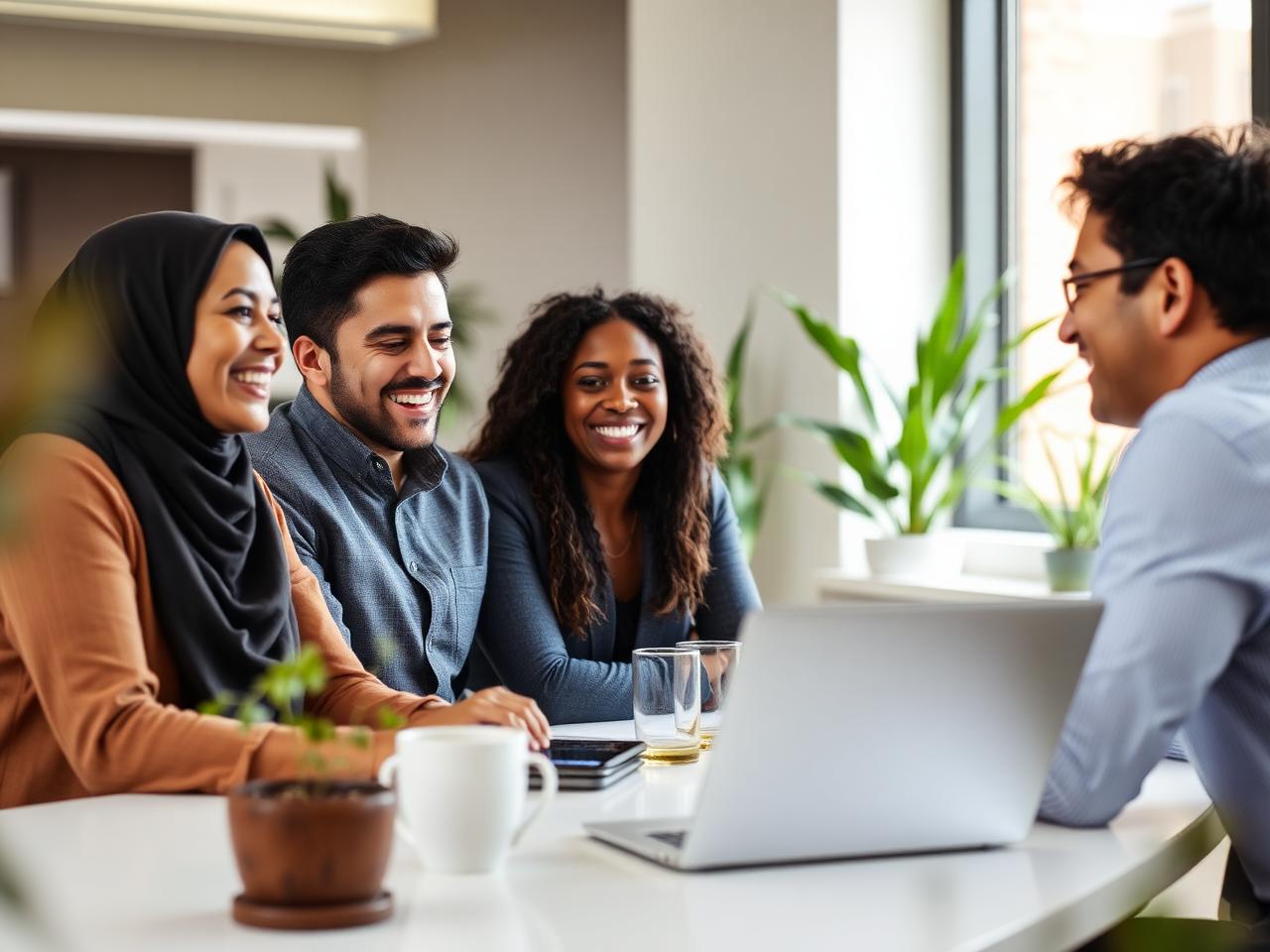 A diverse modern workplace team collaborating in a bright office