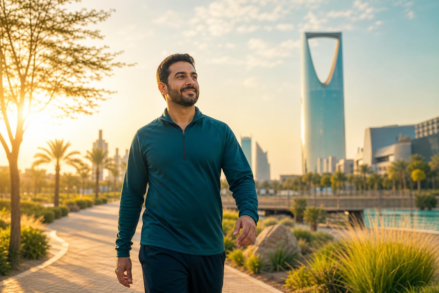 A healthy Saudi man walking confidently in a Riyadh park at sunset with the Kingdom Tower in the background, representing the health transformation of quitting smoking